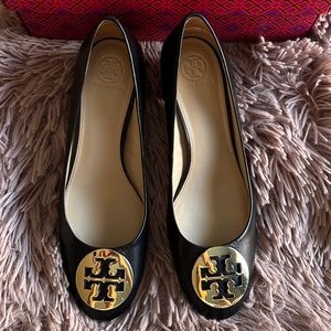 Tory Burch Chelsea Leather Pumps 8.5 Block Heel Logo Black Classic Work